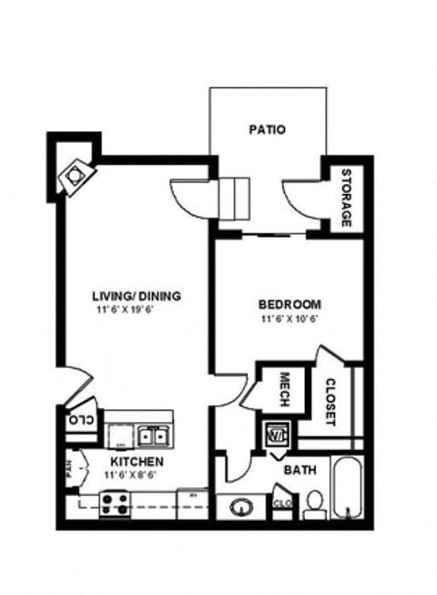 Floor plan for 1 bed, 1 bath, 625 sqft